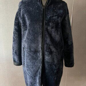 Prens Womens Navy Blue Black Snakeskin Leather Sherpa Reversible Zip Up Coat
